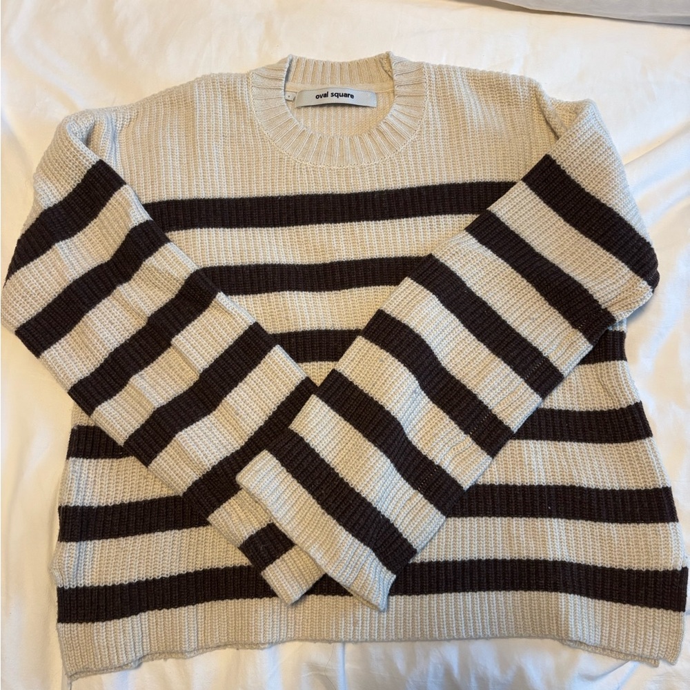 Striped Crew Neck Sweater - Cream and Brown